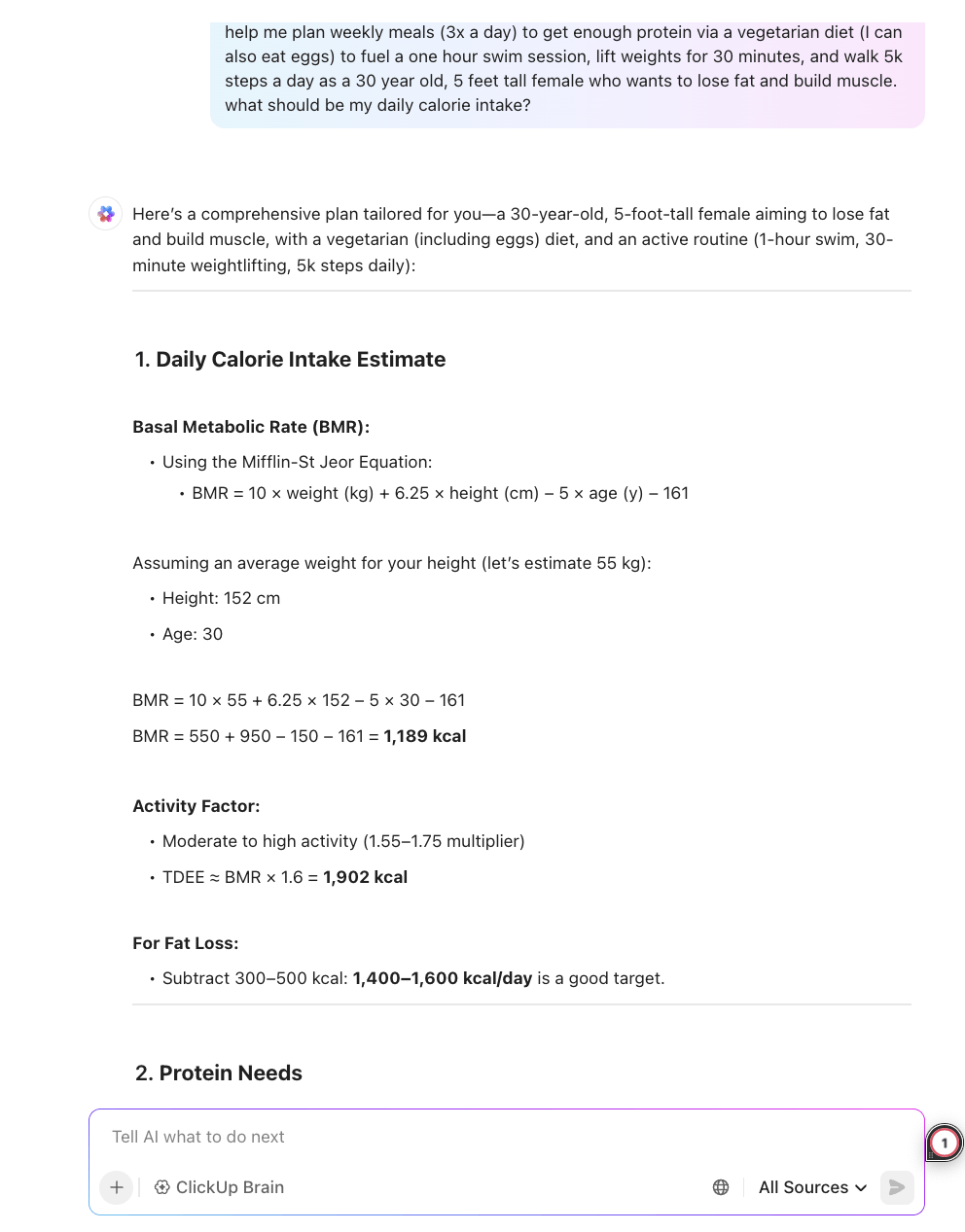 Ask ClickUp Brain to build your weekly meal plan based on your macros, dietary needs, or what you already have at home